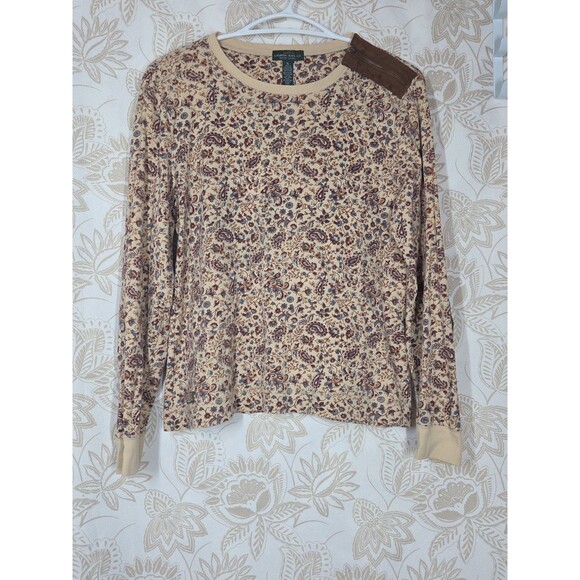 Lauren Ralph Lauren Tops - Lauren Ralph co Long Sleeve Floral Paisley Top Suede Elbow Patch Zip XL Riding *
